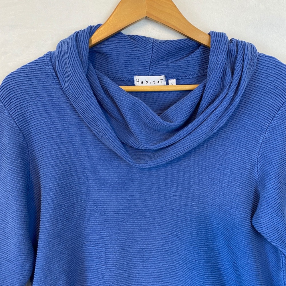 Habitat Blue Textured Knit Button Cuff V-Neck Pullover Top Women's Size L - Picture 2 of 10